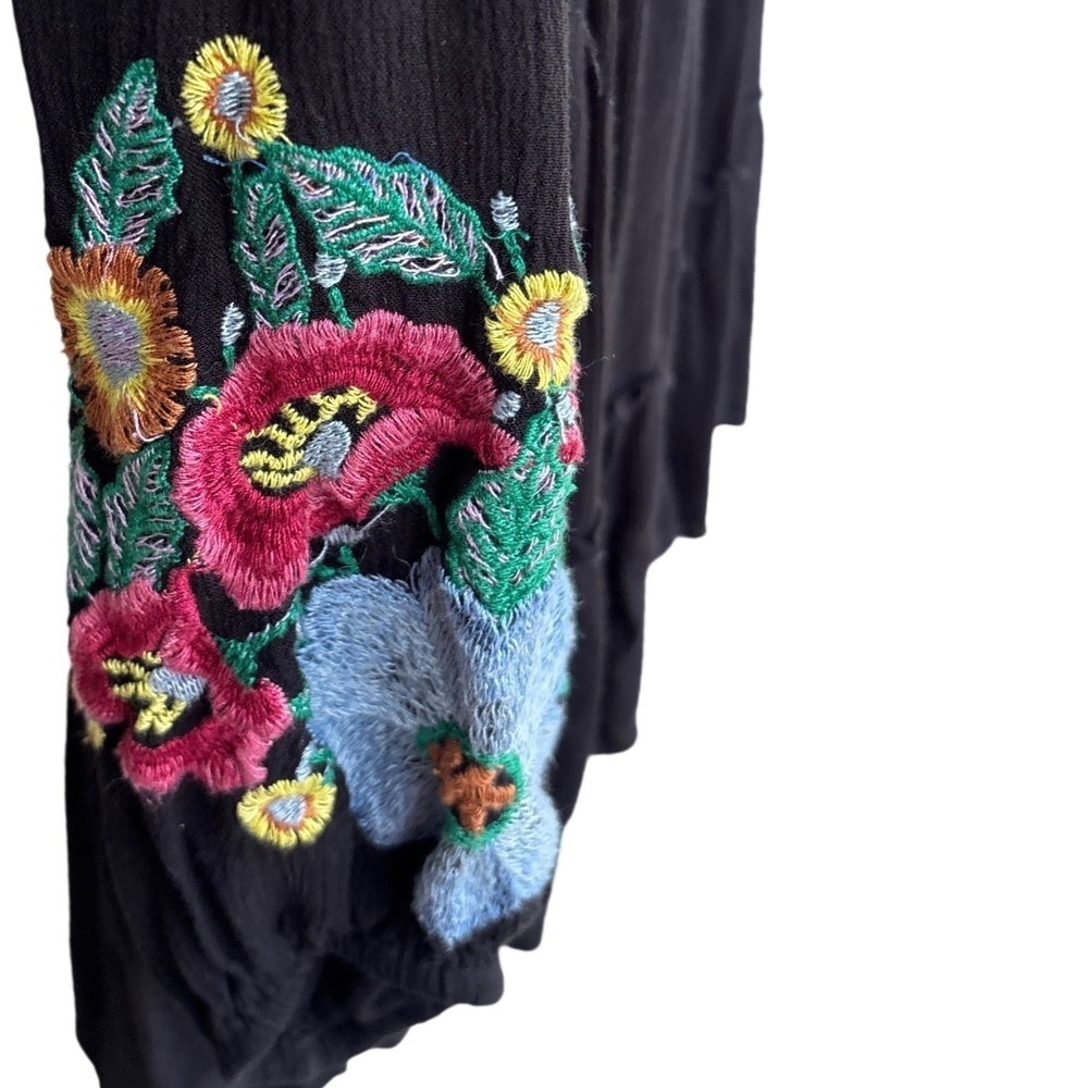 Free People Black Embroidered Floral Tiered Tassel Peasant Tunic Top XS OB403332 - Picture 5 of 8